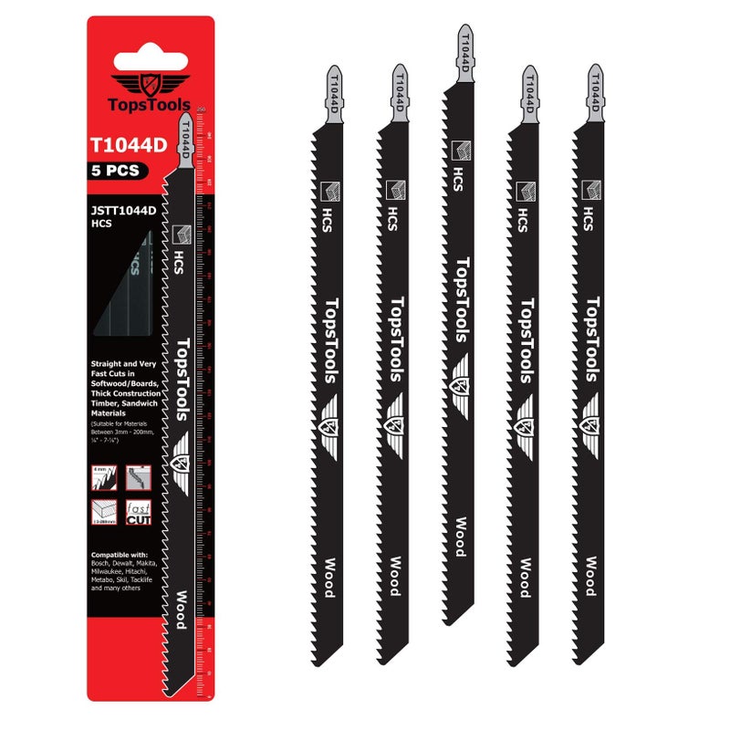 TopsTools 5 x TopsTools JSTT1044D T1044D 250mm Jigsaw Blades Designed for Long Clean Straight and Fast Cuts in Wood - Image 1